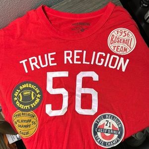 Men’s True Religion Red tee shirts with vintage patches